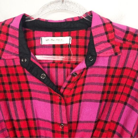 FREE PEOPLE | Pacific Dawn Red Pink Black Cinched Plaid Flannel Top Women’s S - Picture 5 of 11